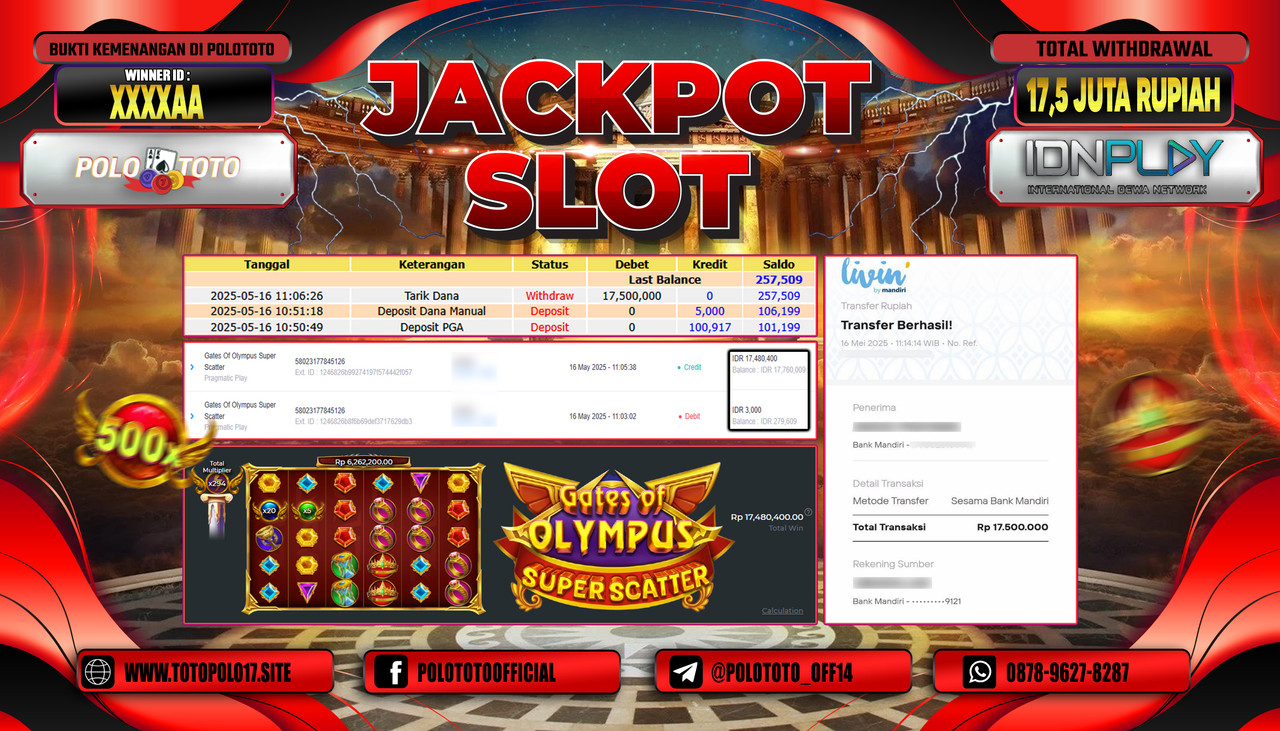 POLOTOTO JACKPOT SLOT GATES OF OLYMPUS SUPER SCATTER Rp.17.500.000,-