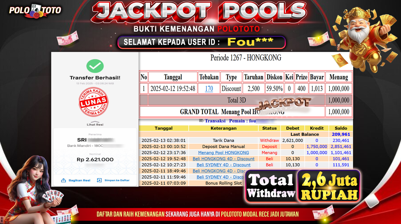 POLOTOTO JACKPOT TOGEL PASARAN HONGKONG Rp.2.621.000,-