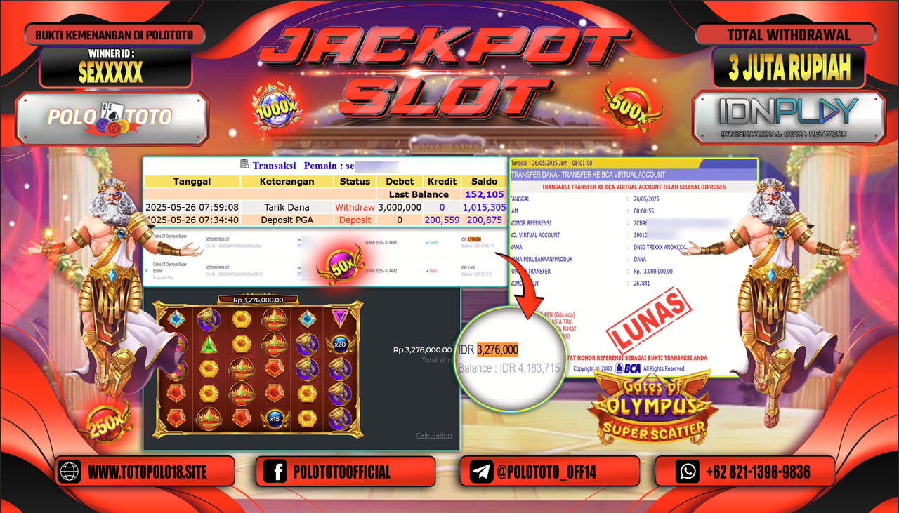 POLOTOTO JACKPOT SLOT GATES OF OLYMPUS SUPER SCATTER Rp.3.000.000,-