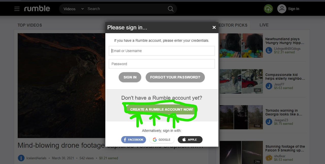 Rumble Sign In / Sign Up Page