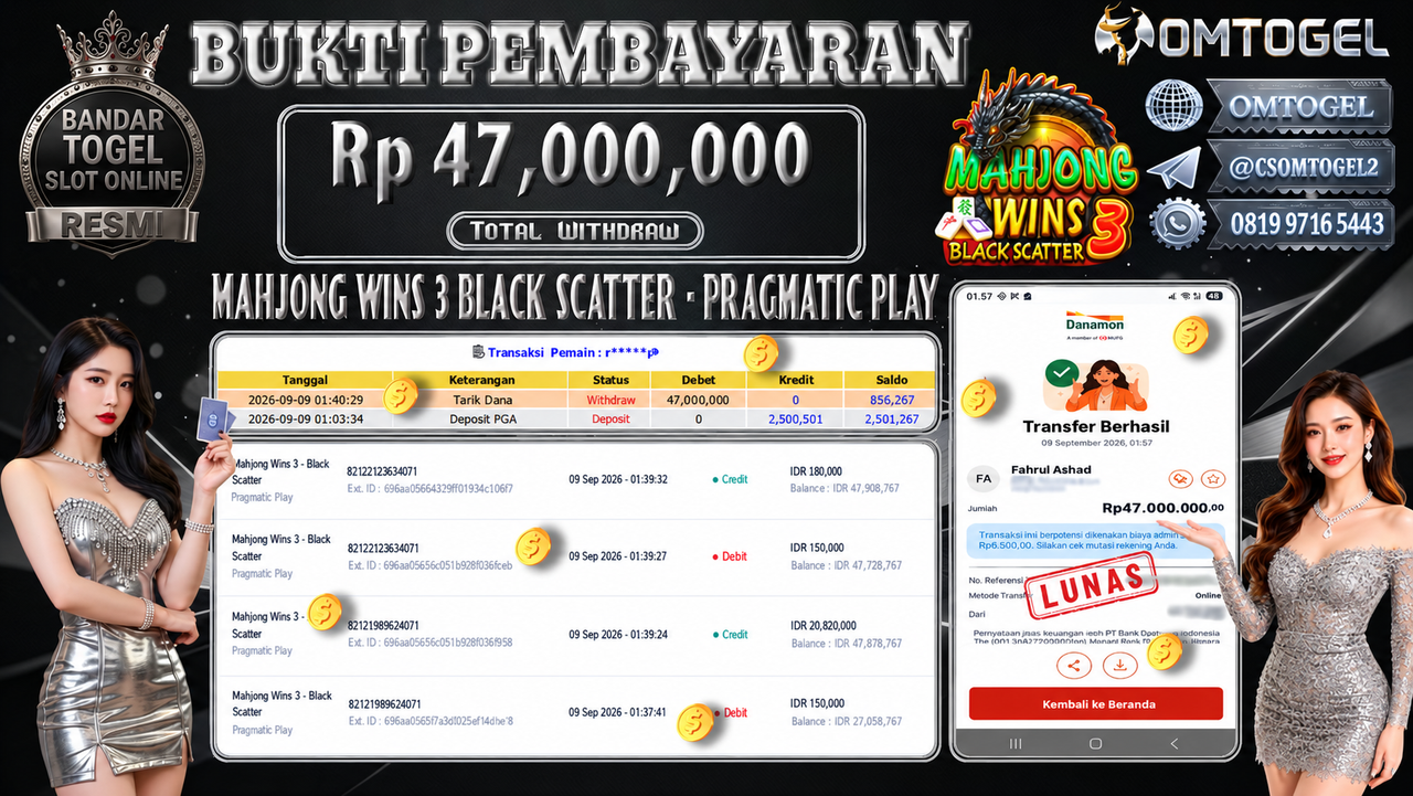 OMTOGEL JACKPOT PRAGMATIC PLAY MAHJONG WINS 3 BLACK SCATER  Rp.47,000,000,- DIBAYAR LUNAS