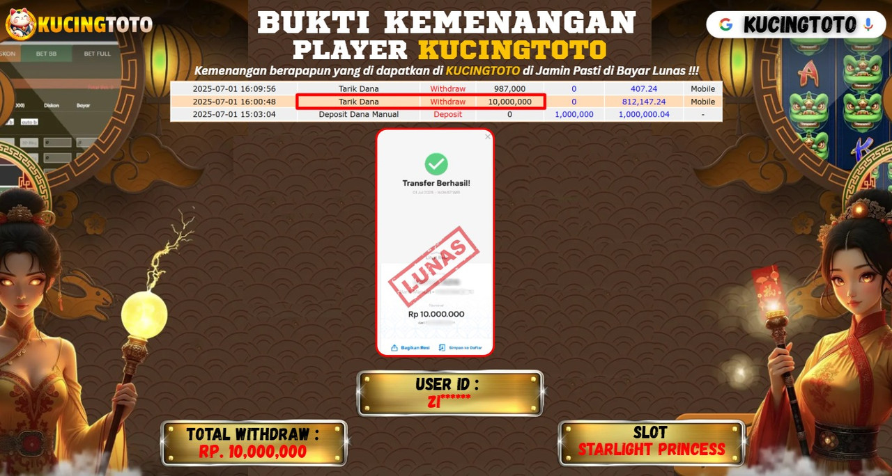 KUCINGTOTO JACKPOT SLOT STARLIGHT PRINCESS RP.10.000.000.,- LUNAS