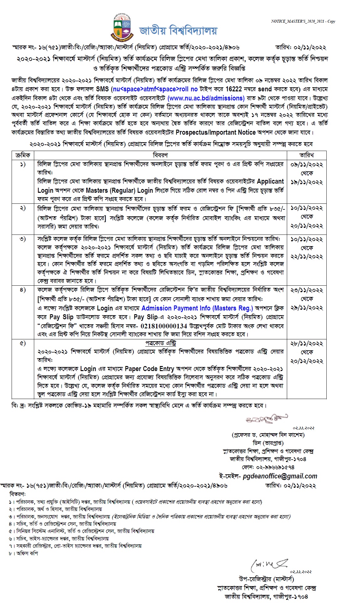 মাস্টার্স শেষ পর্ব রিলিজ স্লিপ রেজাল্ট ২০২২