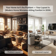 Cluttered living room showing poor furniture arrangement and scattered items