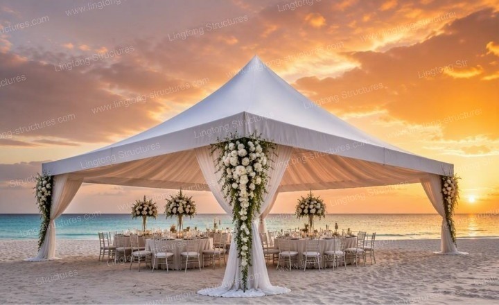 Pagoda wedding marquee in a garden setting surrounded by lush greenery and flowers