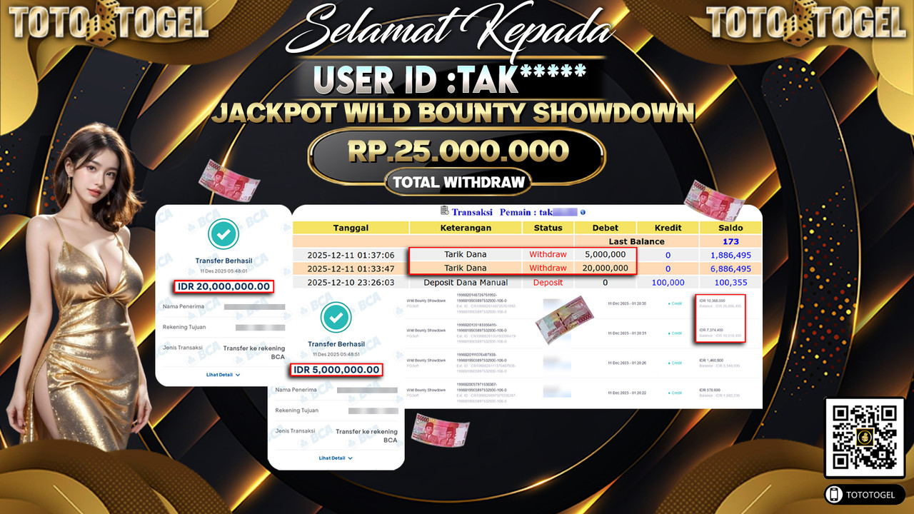 Bukti Pembayaran Jackpot Permainan Slot Wild Bounty Showdown ID:TAK***** LUNAS