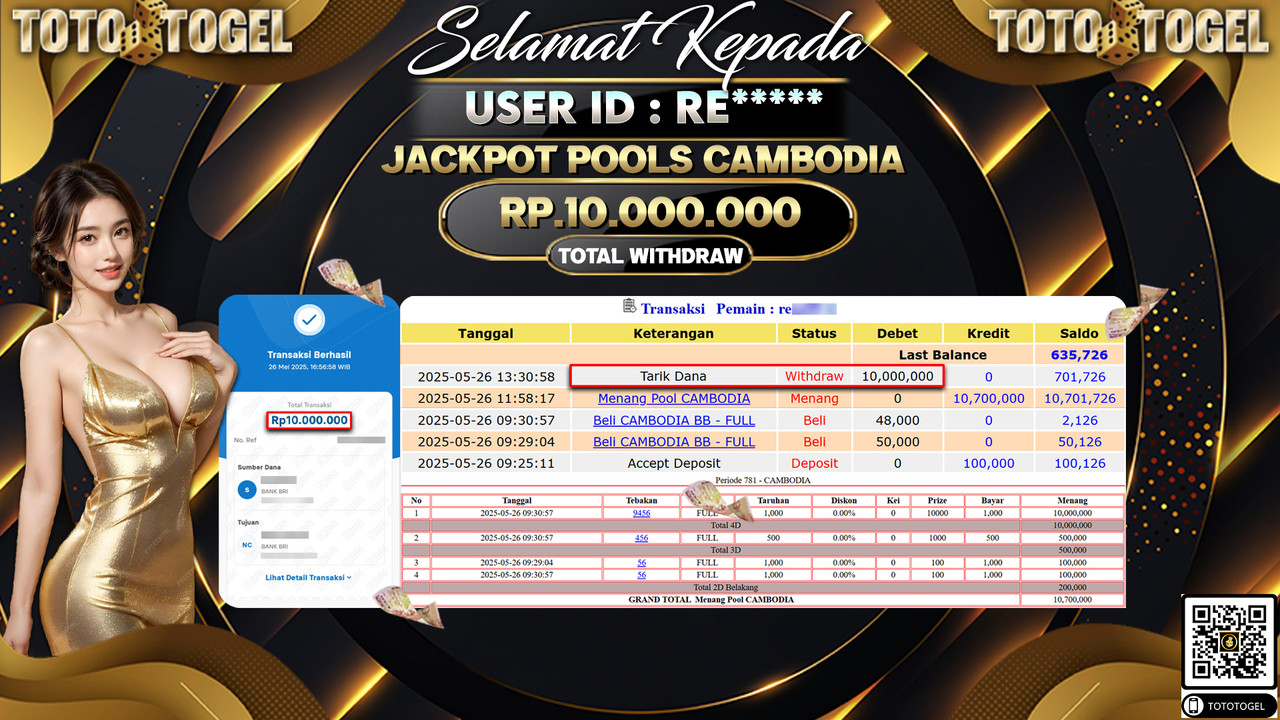 Bukti Pembayaran Jackpot Permainan Togel Pools Cambodia ID:RE***** LUNAS