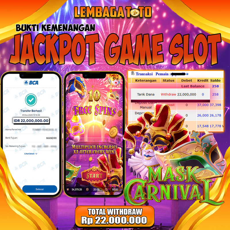 BUKTI JACKPOT 02 DECEMBER LEMBAGATOTO MASK CARNIVAL Rp.22,000,000,- LUNAS