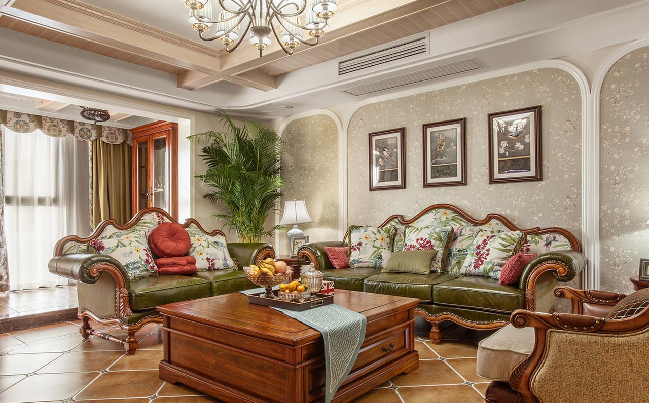 Transitional Living Room Design with Regal Wooden Sofa