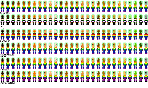 a row of people with pride flag shirts and light green hair