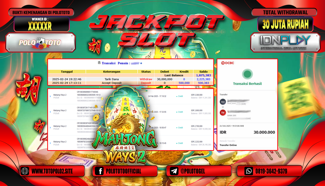 POLOTOTO JACKPOT SLOT MAHJONG WAYS 2 Rp.30.000.000,- 