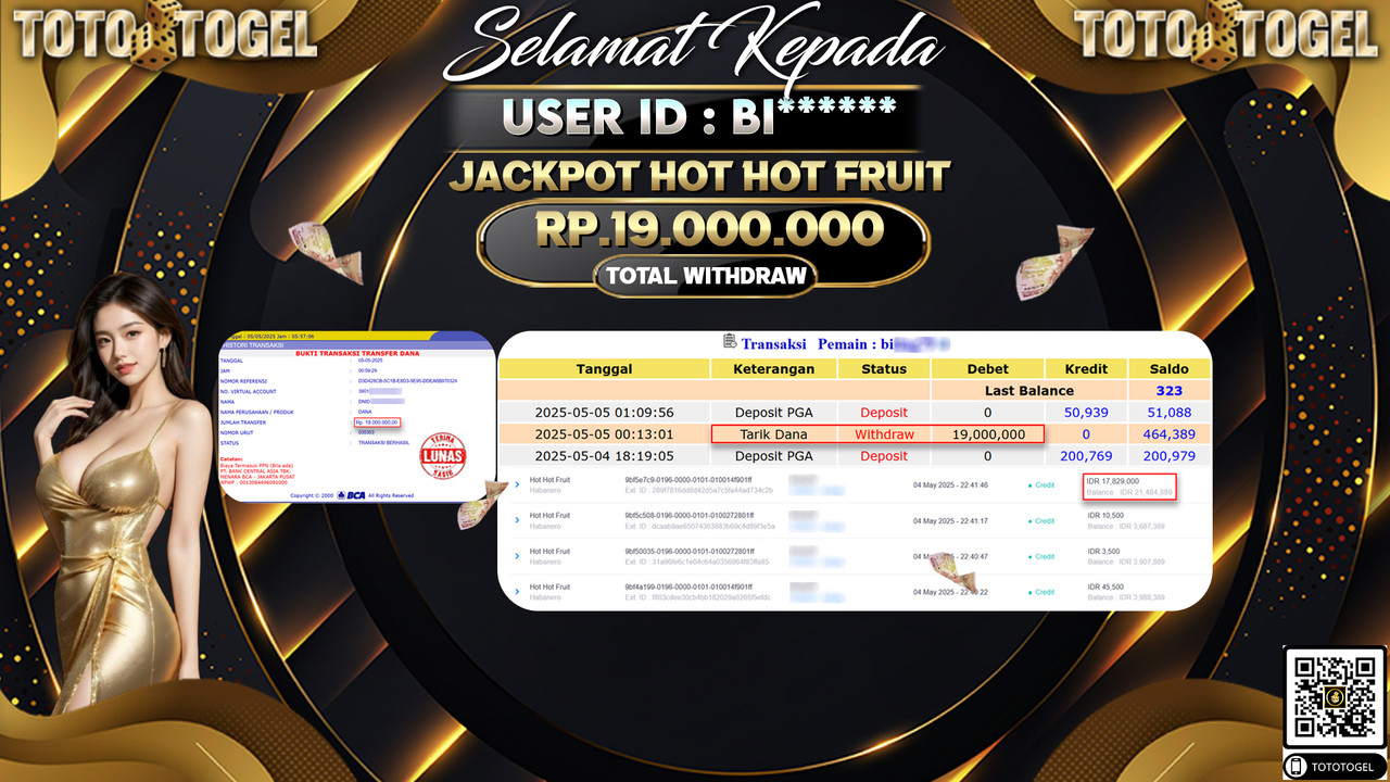Bukti Pembayaran Jackpot  Permainan Slot Hot Hot Fruit ID:BI***** LUNAS