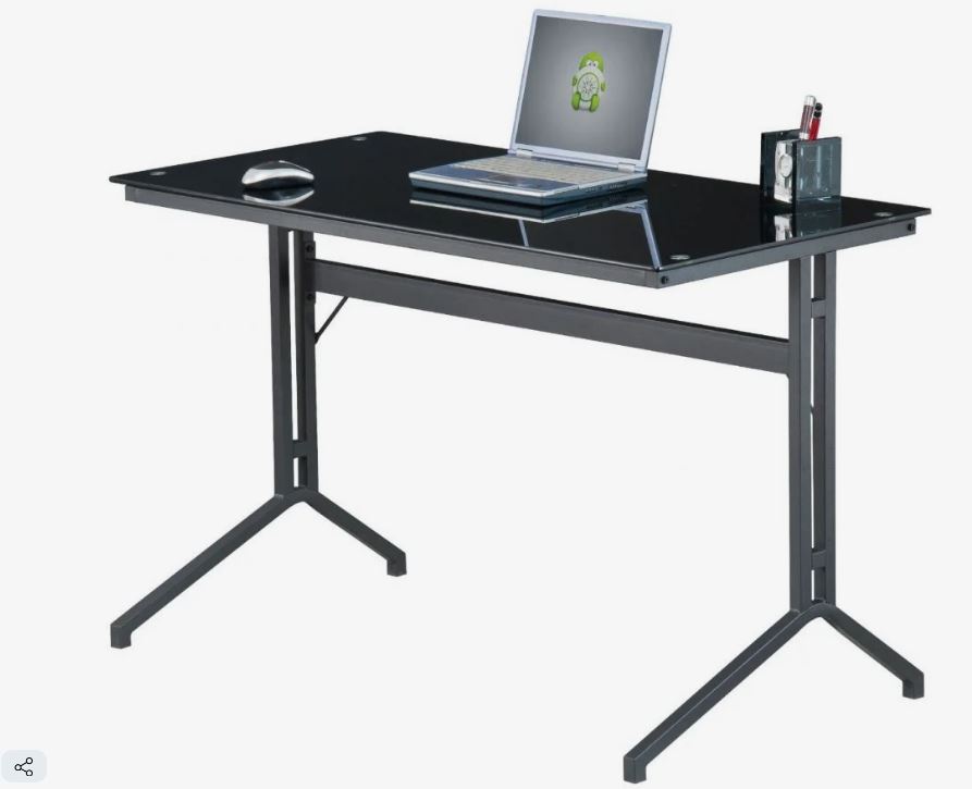 Escritorio de computadora Starken con múltiples estantes, gaveta, tope de cristal y bandeja para teclado.