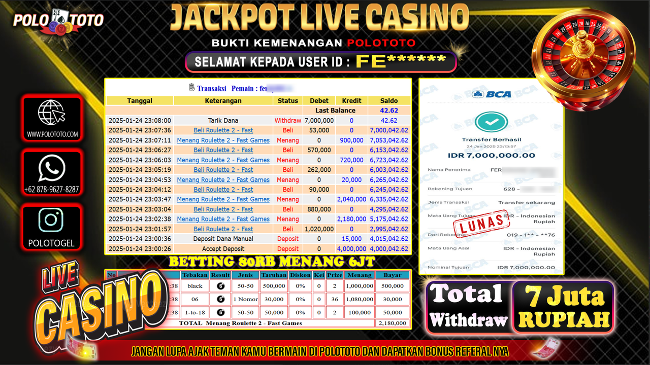 POLOTOTO JACKPOT LIVE CASINO Rp.7,000.000,- 