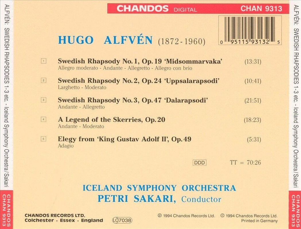 CD back cover of Swedish Rhapsodies by Hugo Alfven from Peter Sakari on Chandos
