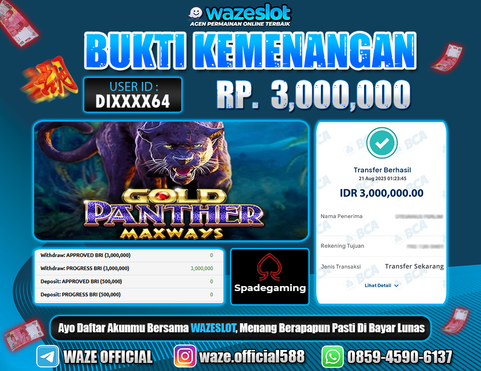 BUKTI KEMENANGAN 21 AGUSTUS 2025 GAME GOLD FANTER ( SPADEGAMING )