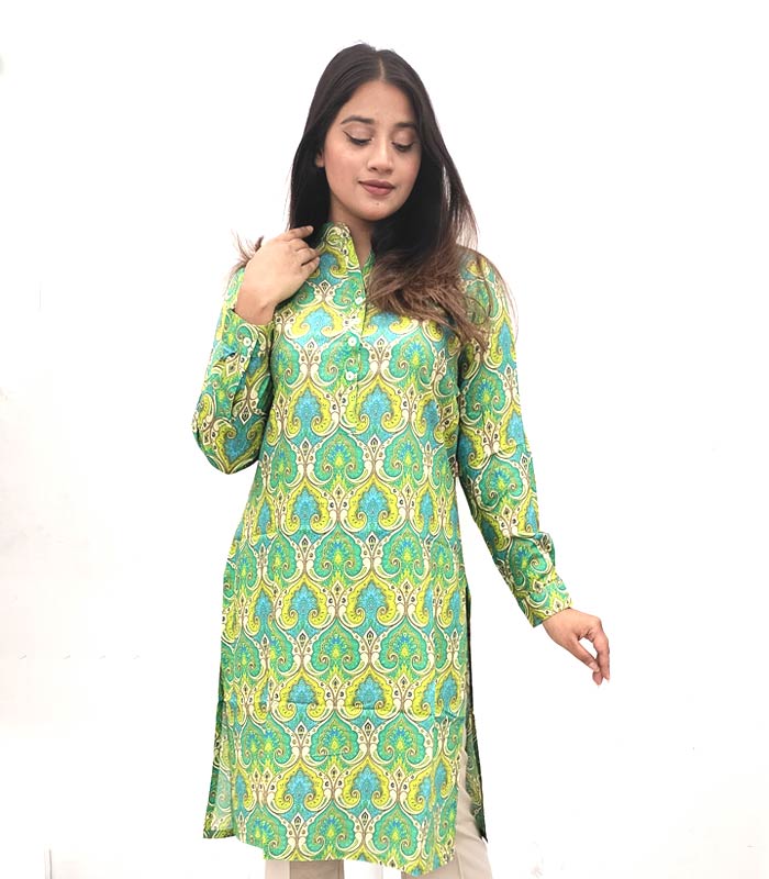 Band Collar Exclusive Feme Kurti Green Print FIT ELEGANCE