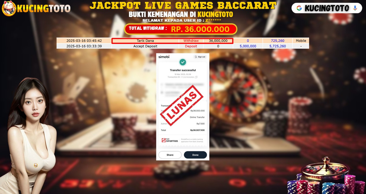 KUCINGTOTO JACKPOT JACKPOT LIVE GAMES BACCARAT RP.36.000.000.,- LUNAS