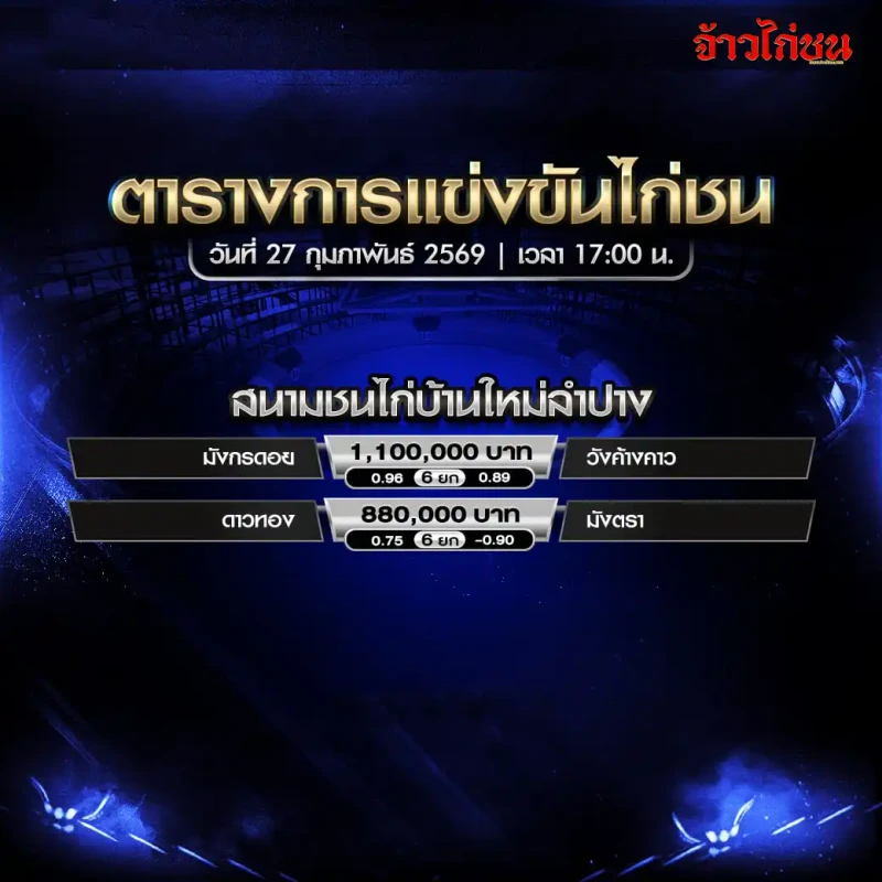 โปรแกรมไก่ชน สนามชนไก่บ้านใหม่ลำปาง วันที่ 27 กุมภาพันธ์ 2569 เวลา 17:00 น. ตารางคู่ชนและจำนวนยก