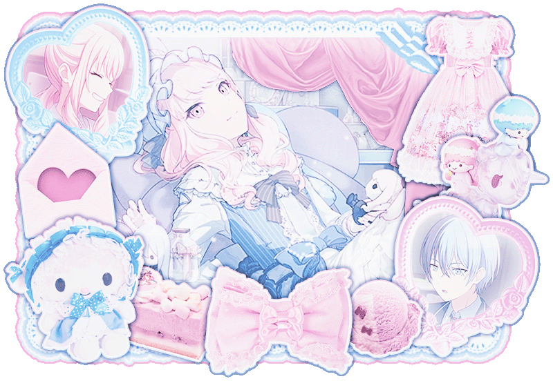 Main graphic featuring Mizuki with icons of them and Toya, accompanied by cute objects like a lolita dress, love letter, sweets, a plushie, and a bow.