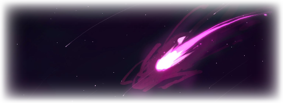 the first top half of a drawing by solasaiich on twitter. the top half shows a big bright pink comet flying in the night sky with a couple others flying in the back. the image is cropped into a rectangle with a fading transparent edge.