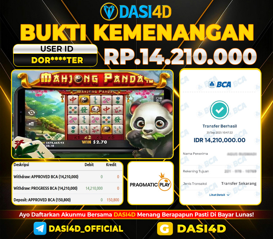BUKTI KEMENANGAN 25 SEPTEMBER  2025 DI  MAHJONG PANDA  RP. 14.210.000