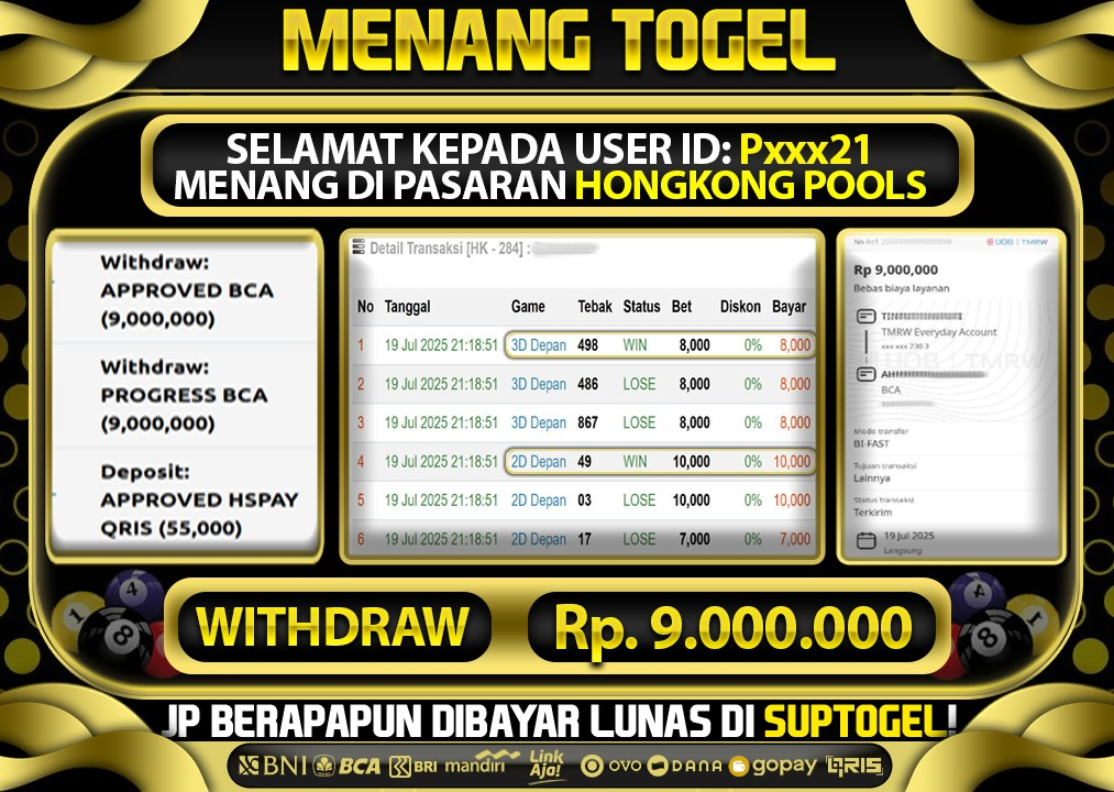  BUKTI KEMENANGAN 19 JULY 2025 MENANG DI PASARAN HONGKONG POOLS TOTAL WD 9 JUTA