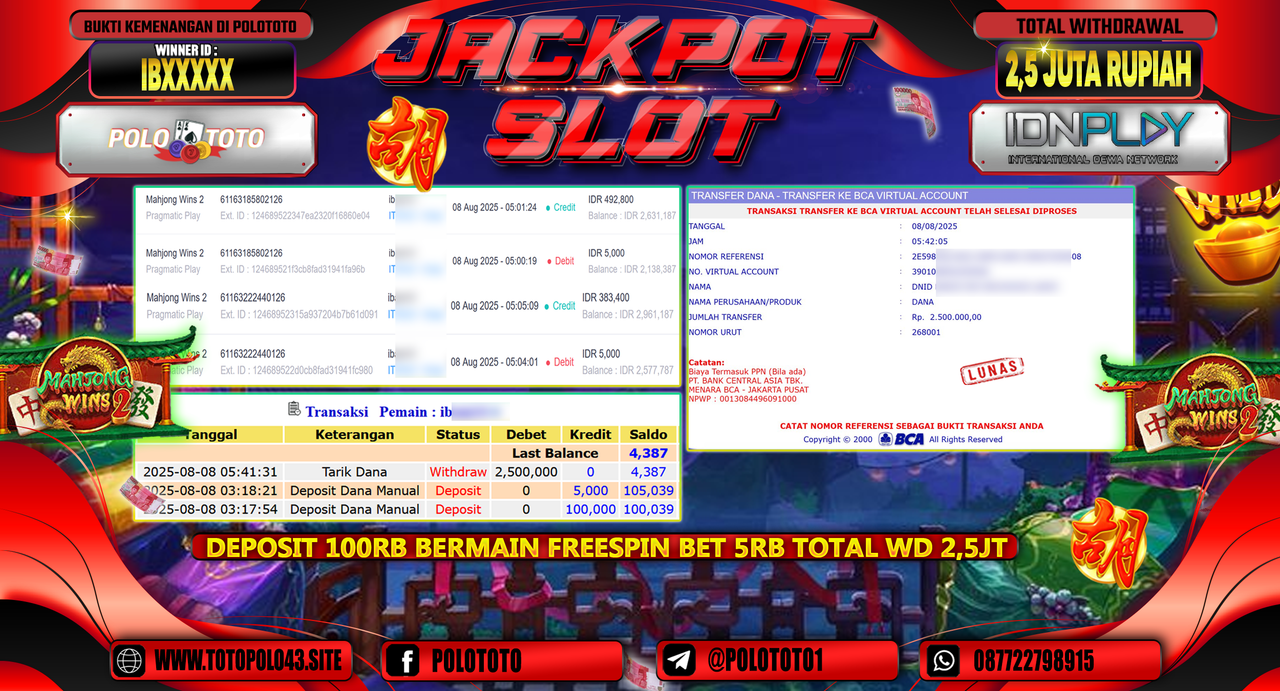 POLOTOTO JACKPOT SLOT MAHJONG WINS 2 Rp.2.500.000,-LUNAS