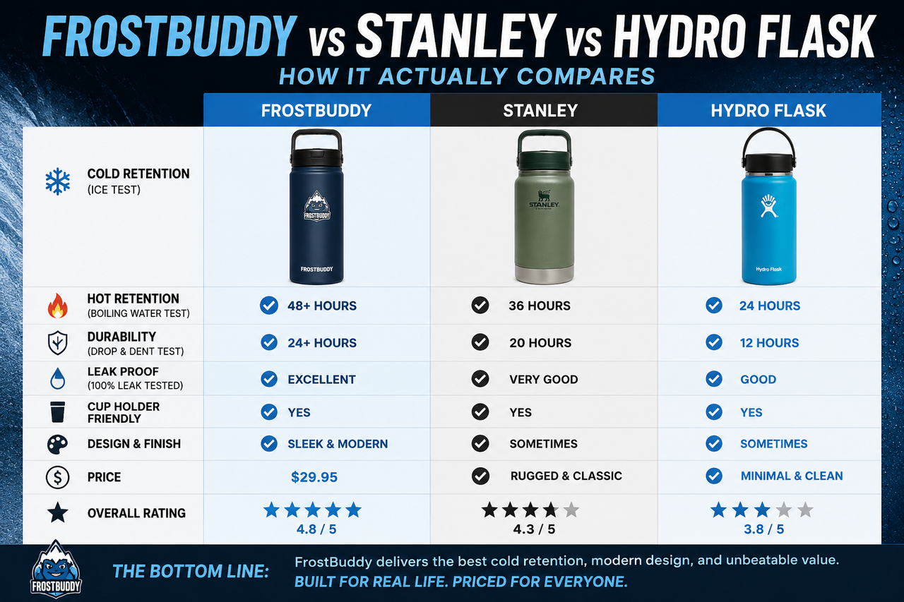 FrostBuddy vs Stanley vs Hydro Flask comparison