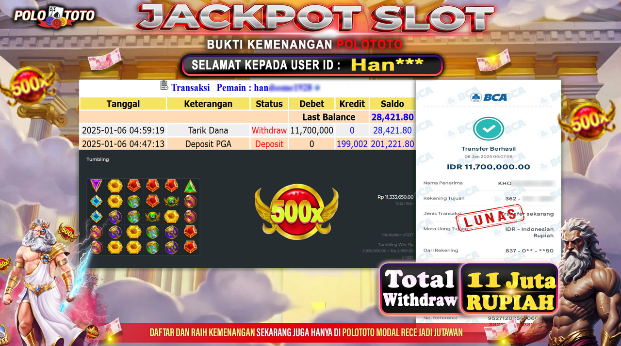 POLOTOTO JACKPOT SLOT GATES OF OLYMPUS 1000 Rp.11,700.000,-