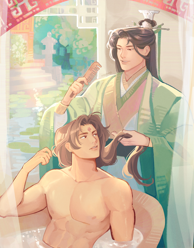LBH in the bath naked from the chest up as SQQ washes his hair