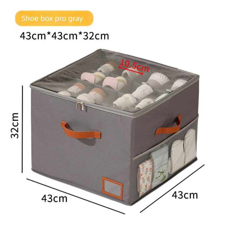 Premium Heavy Duty Shoe Storage Box 16 Grids 43cm Cube Foldable Fabric Wardrobe Organiser with Label Holder and Side Pockets Grey