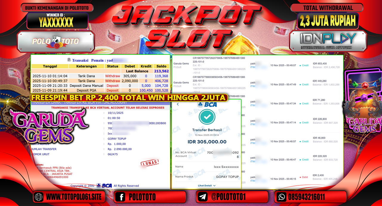 POLOTOTO JACKPOT SLOT GARUDA GEMS Rp.2.300.000,- LUNAS