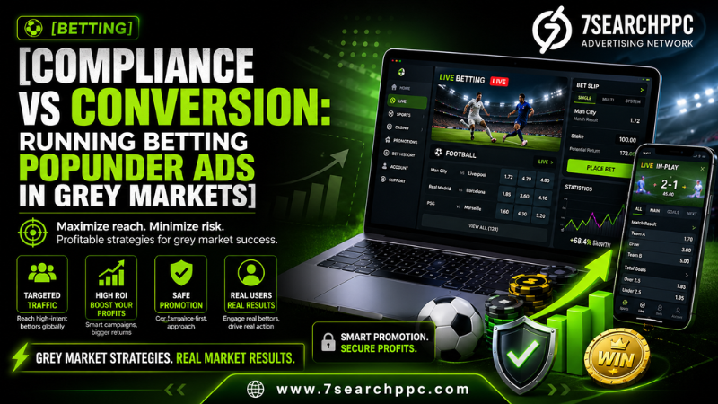 Compliance vs conversion strategy for betting popunder ads in grey markets with risk and profit balance illustration