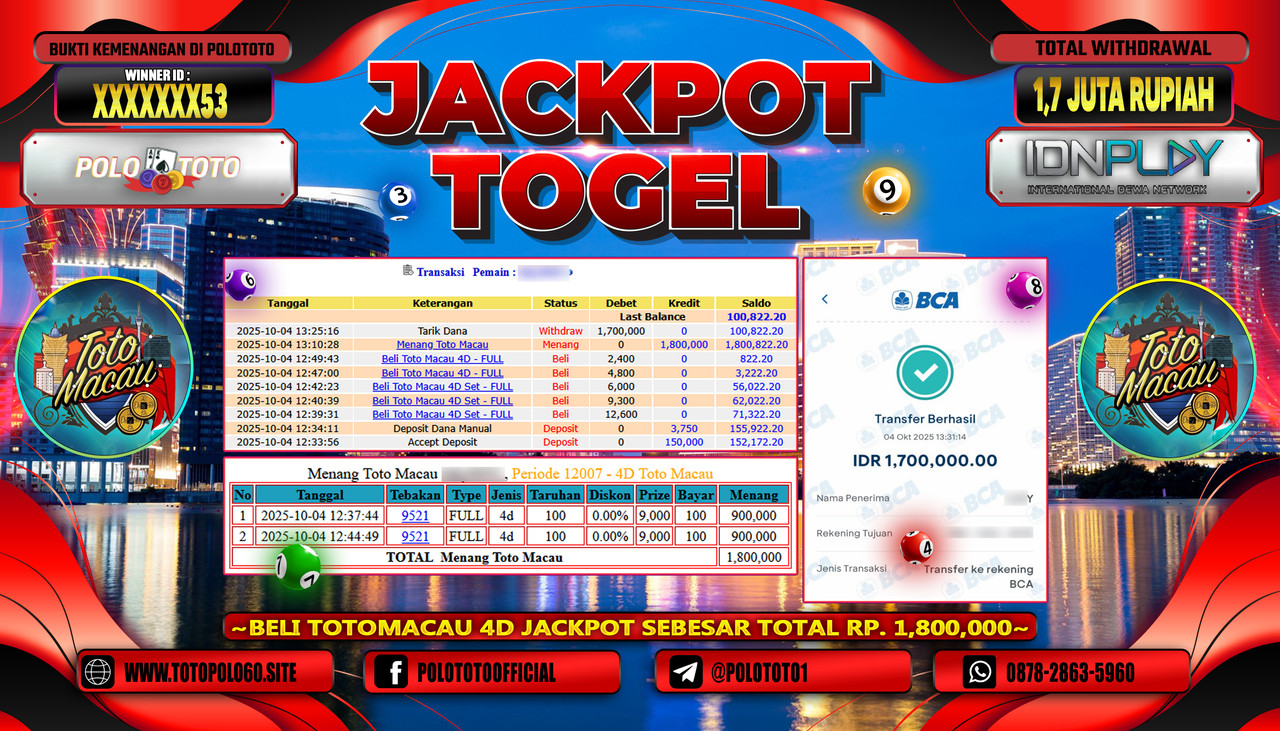 POLOTOTO JACKPOT TOGEL TOTO MACAU Rp.1.700.000,- LUNAS