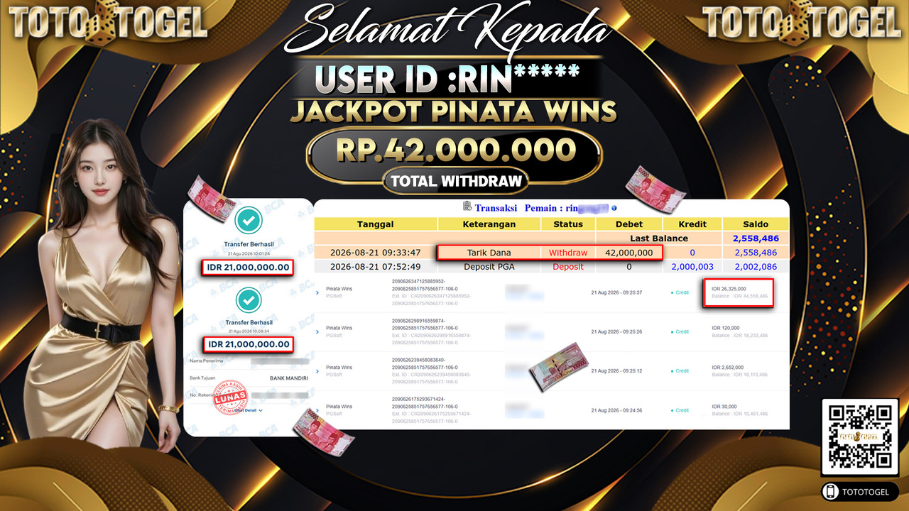 Bukti Pembayaran Jackpot Slot Pinata Wins ID:RIN*****LUNAS