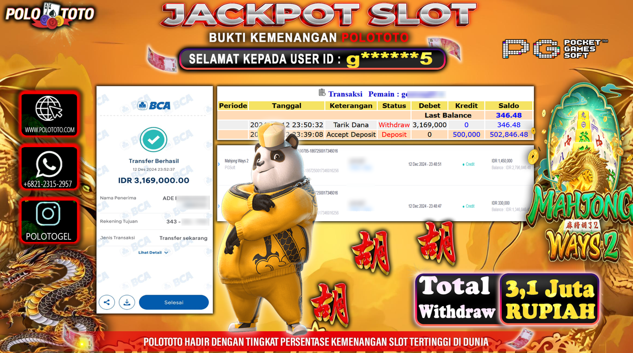 POLOTOTO JACKPOT SLOT MAHJONG WAYS 2 Rp.3,169.000,-