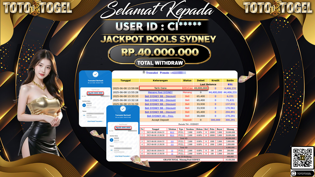 Bukti Pembayaran Jackpot Permainan Togel Sydney Lotto ID:CI***** LUNAS