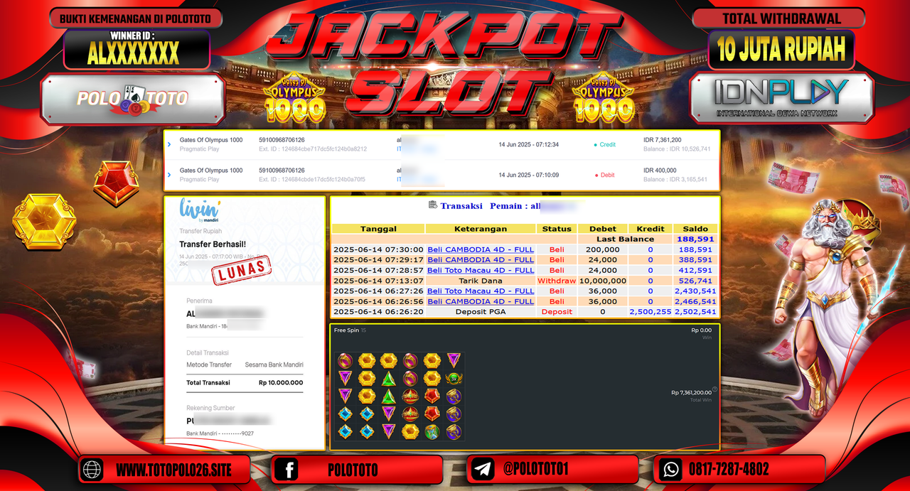 POLOTOTO JACKPOT SLOT GATES OF OLYMPUS 1000 Rp.10.000.000,-
