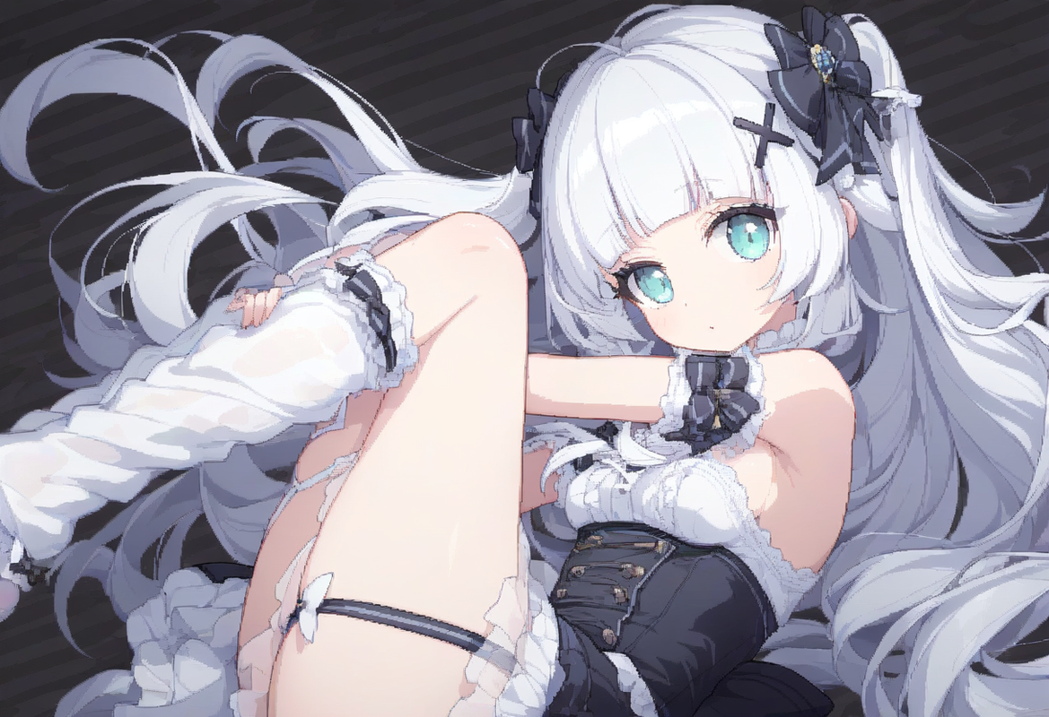 1girl, striped background, aqua eyes, long hair, hime cut, white hair, short ban s-649033528