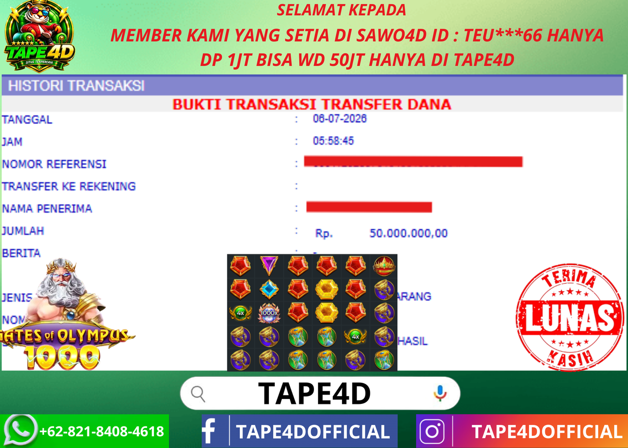 TAPE4D JACKPOT GATES OF OLYMPUS 1000 PRAGMATIC  50.000.000-LUNAS