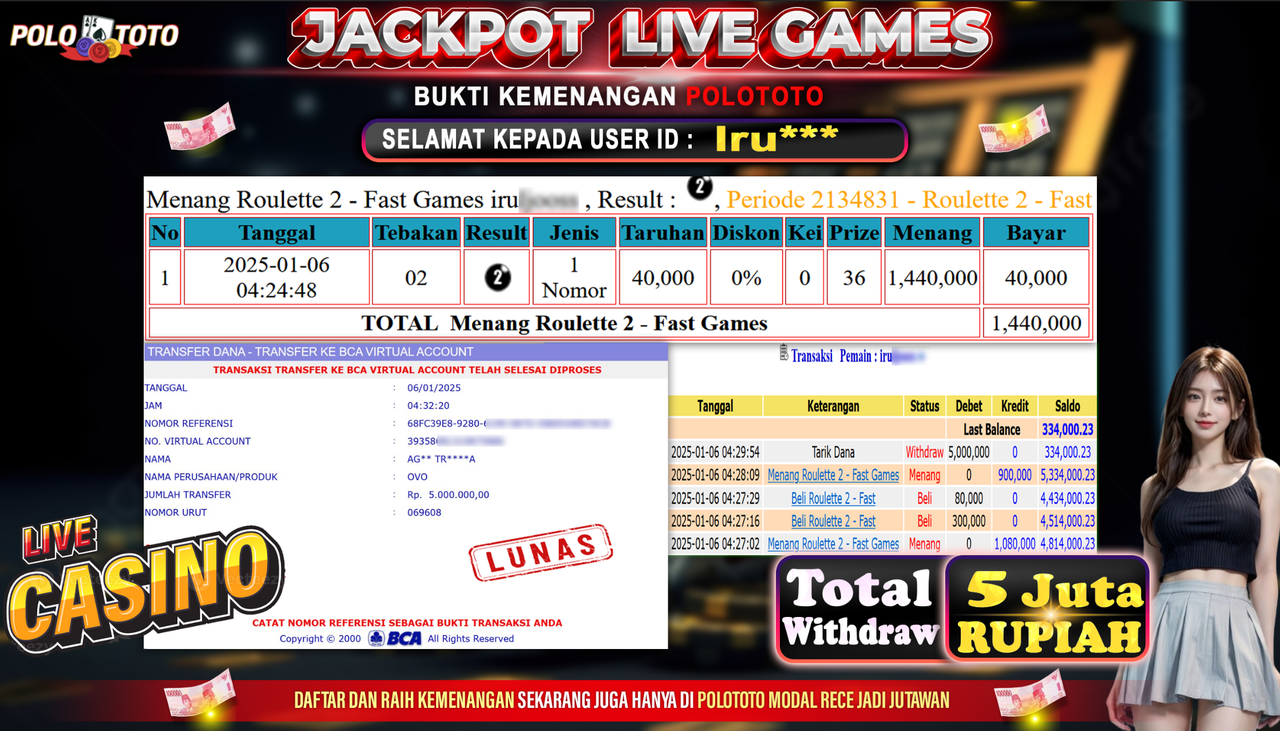 POLOTOTO JACKPOT LIVE GAMES CASINO ROULETTE 2 Rp.5,000.000,-