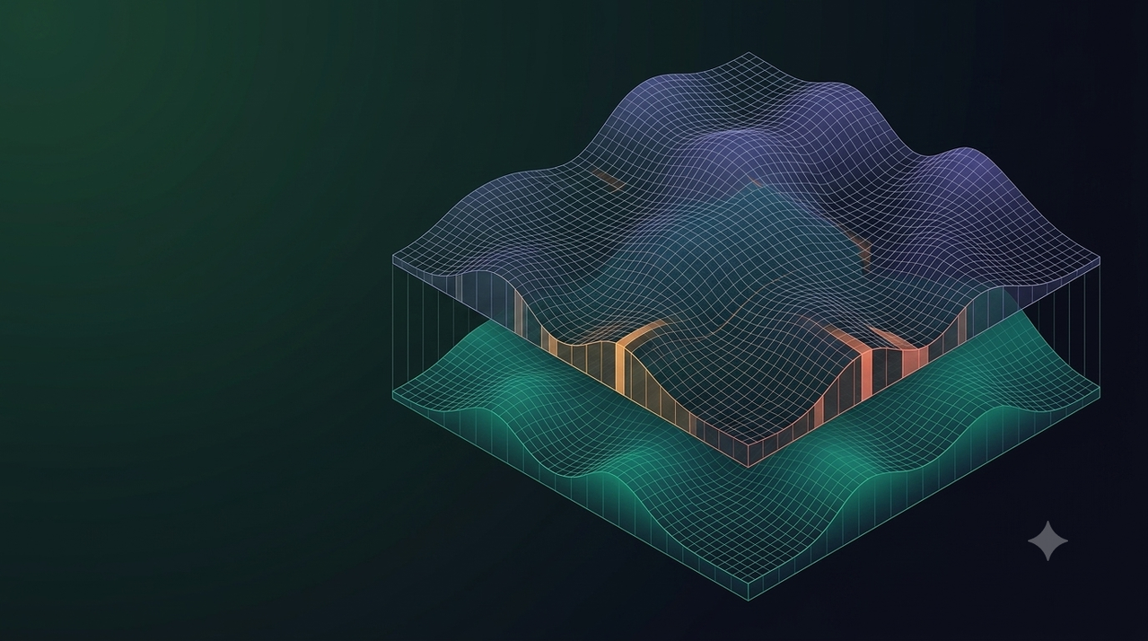 Two near-identical undulating surfaces stacked with small glowing gaps where they fail to align
