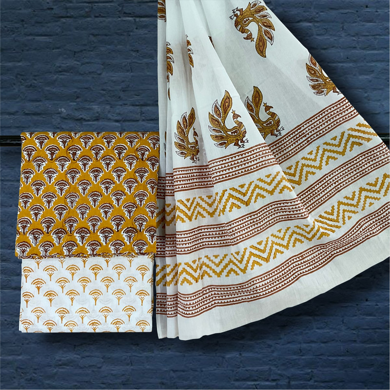 Hand Block Printed Mustard Cotton Dress Material with Peacock Print Dupatta