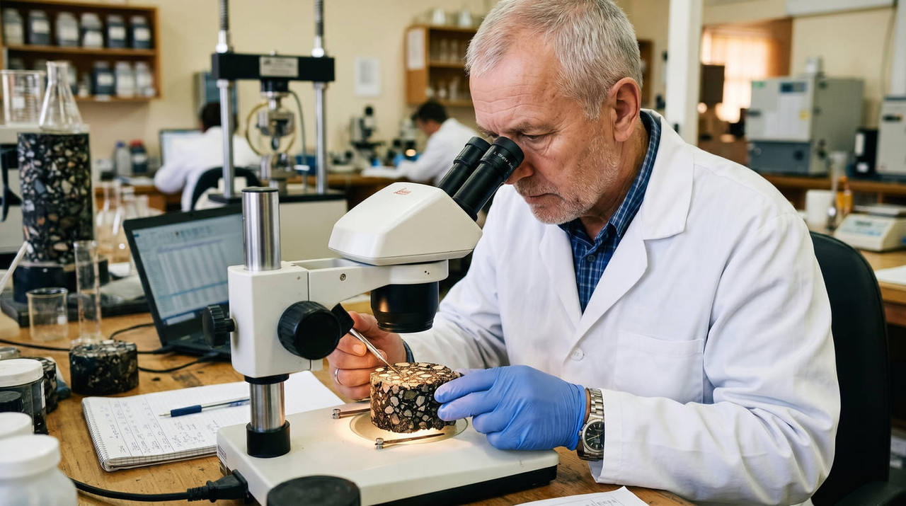 Специалист дорожной лаборатории изучает текстуру асфальтобетона для проверки адгезии и качества минерального состава смеси