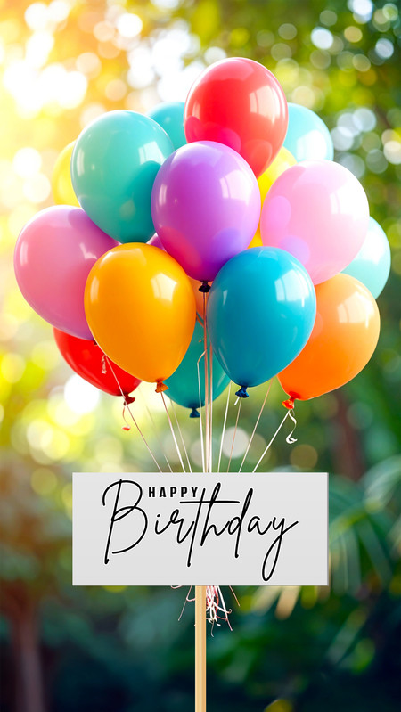 colorful birthday balloons image with happy birthday wishes and sunny nature background sr10072510