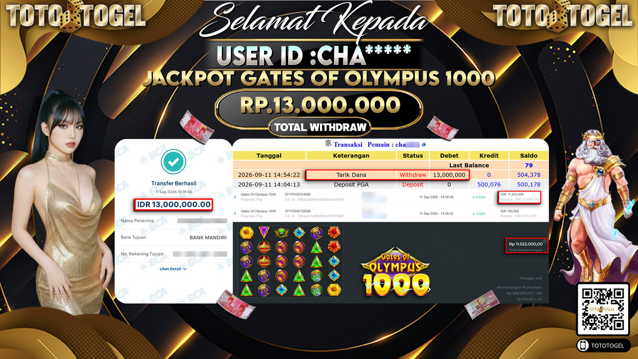 Bukti Pembayaran Jackpot Slot Gates Of Olympus 1000  ID:CHA*****LUNAS