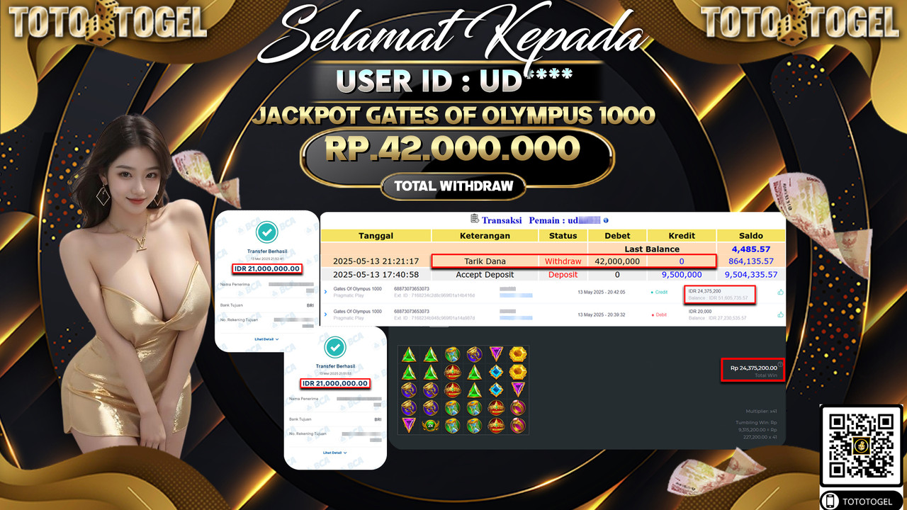 Bukti Pembayaran Jackpot  Permainan Slot Gates Of Olympus 1000  ID:UD***** LUNAS