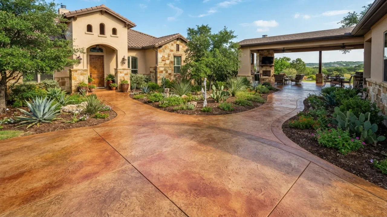 Coordinated stained concrete driveway walkway patio San Antonio home exterior