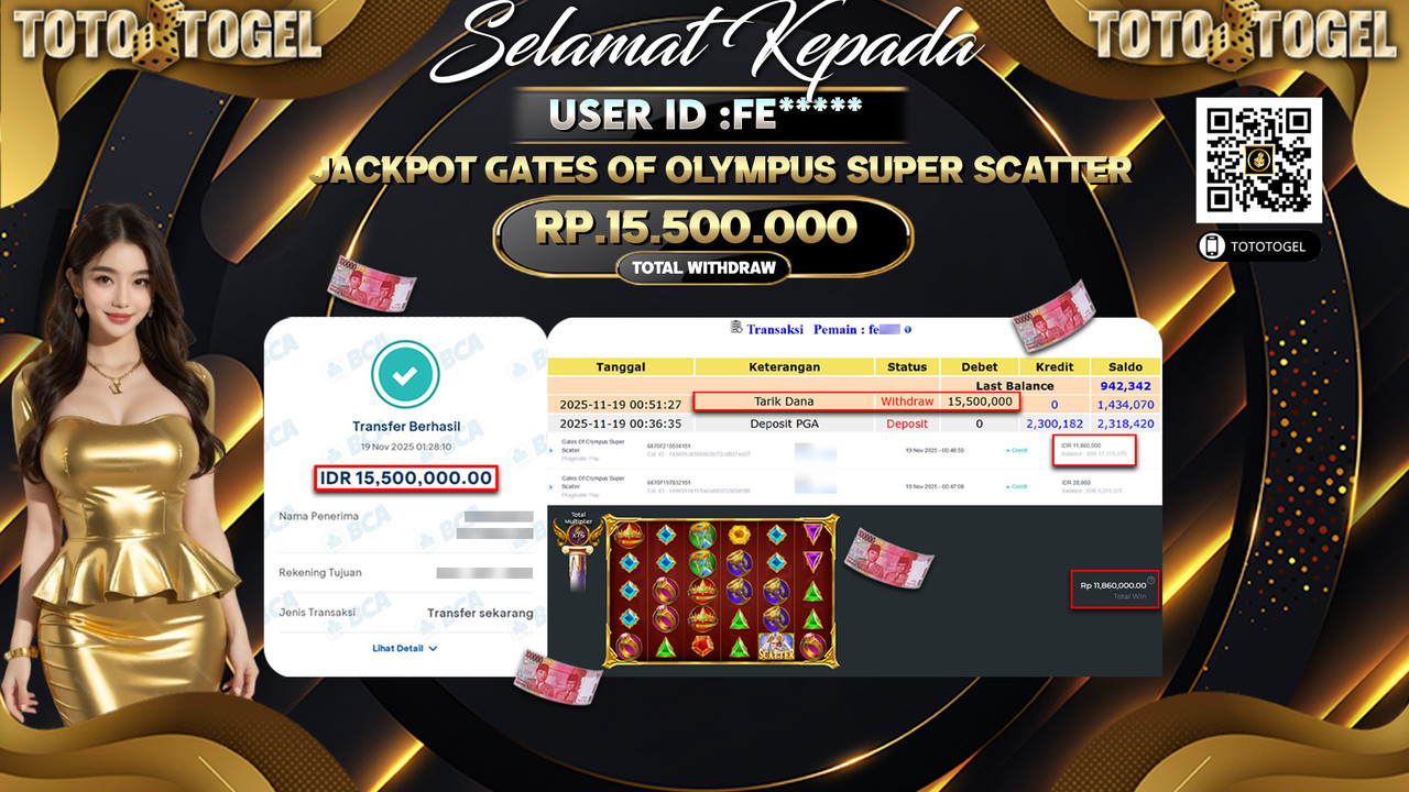 Bukti Pembayaran Jackpot Permainan Slot Gates Of Olympus Super Scatter ID:FE***** LUNAS